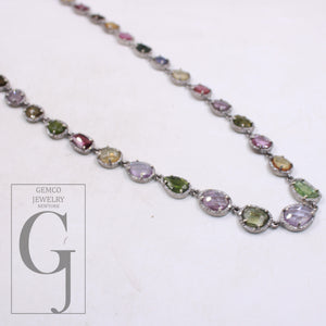 Natural multi tourmaline diamond necklace rosecut pave diamond jewelry sterling 925 silver handmade jewelry adjustable necklace pendant