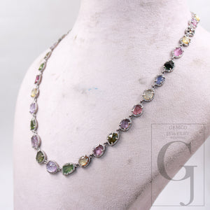 Natural multi tourmaline diamond necklace rosecut pave diamond jewelry sterling 925 silver handmade jewelry adjustable necklace pendant