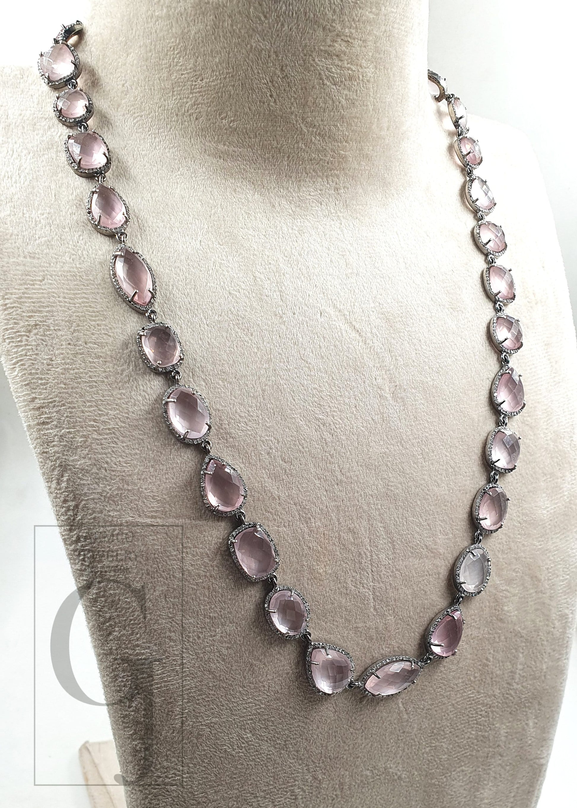 Beautiful natural rose quartz diamond necklace rosecut pave diamond jewelry sterling 925 silver handmade jewelry adjustable necklace pendant