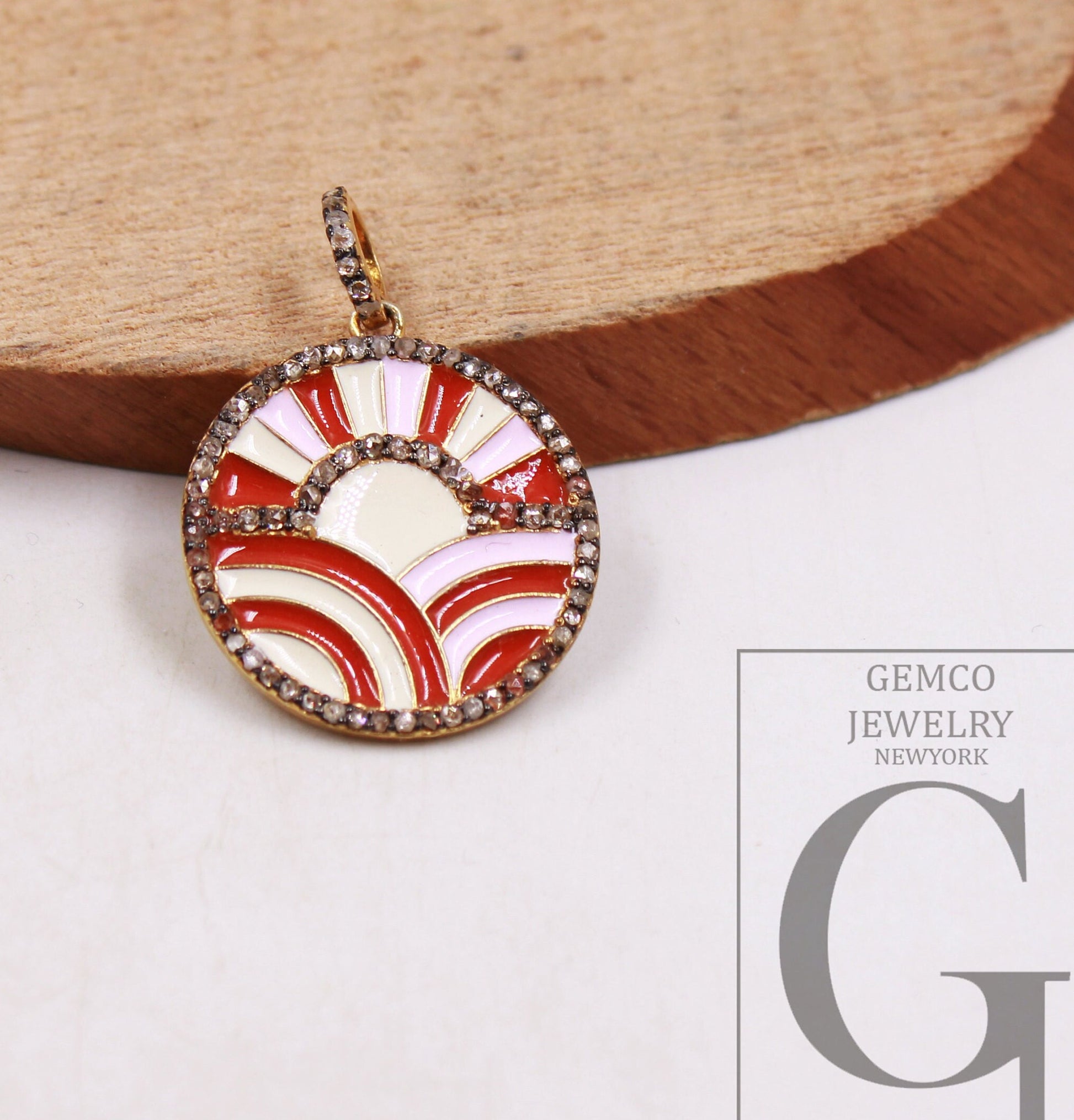 Handmade Designer Vermeil  Enamel Rosecut Diamond Pendant Necklace - Sterling Silver Finish  Diamond Charm Pendant
