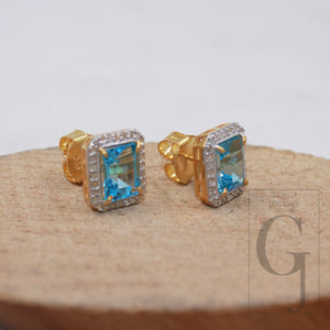 Vermeil Gold Finish Blue Topaz Studs Designer Earring Studs Rosecut Diamond 925 Sterling Silver Handmade Diamond Pave Stud Earring Jewelry