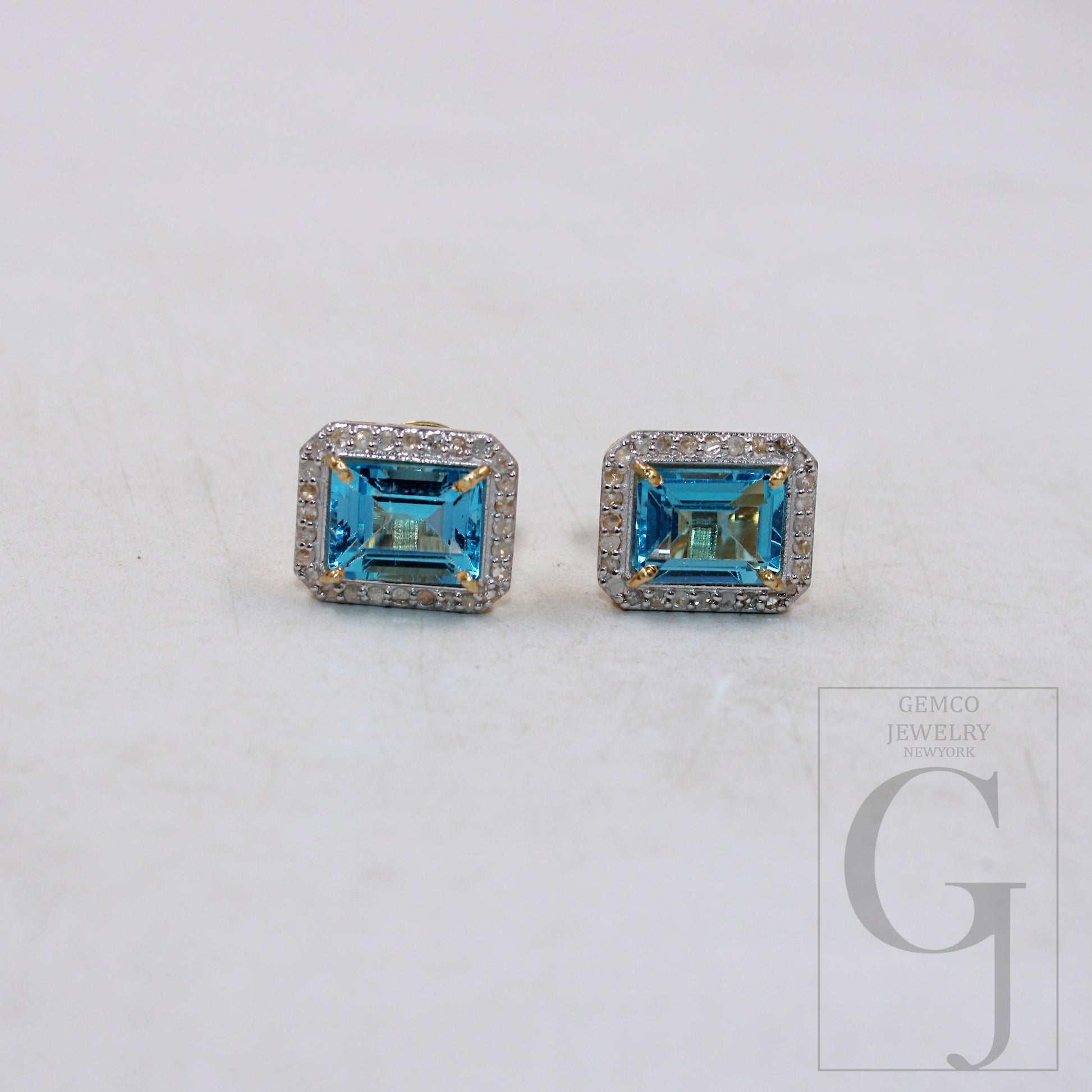 Vermeil Gold Finish Blue Topaz Studs Designer Earring Studs Rosecut Diamond 925 Sterling Silver Handmade Diamond Pave Stud Earring Jewelry