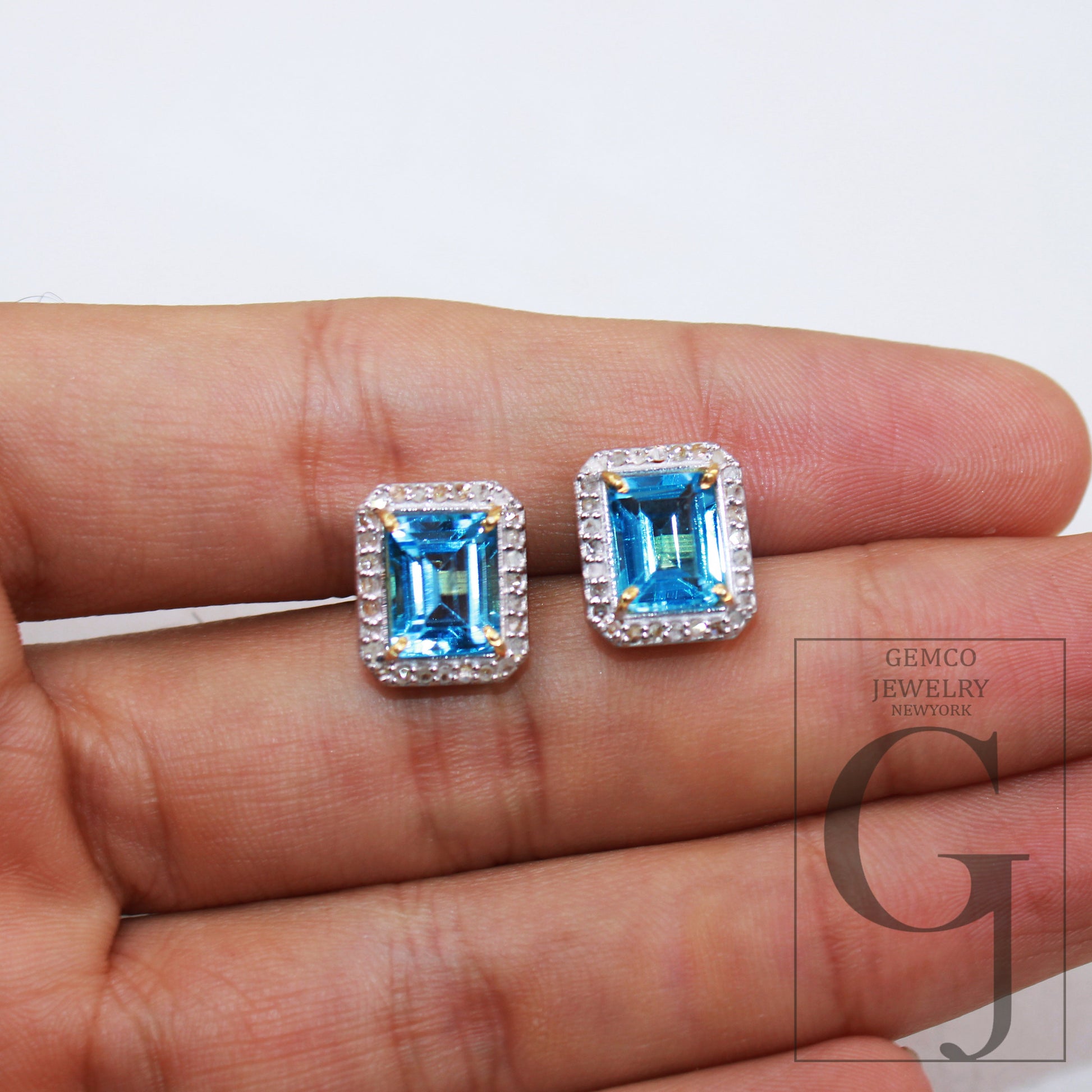 Vermeil Gold Finish Blue Topaz Studs Designer Earring Studs Rosecut Diamond 925 Sterling Silver Handmade Diamond Pave Stud Earring Jewelry