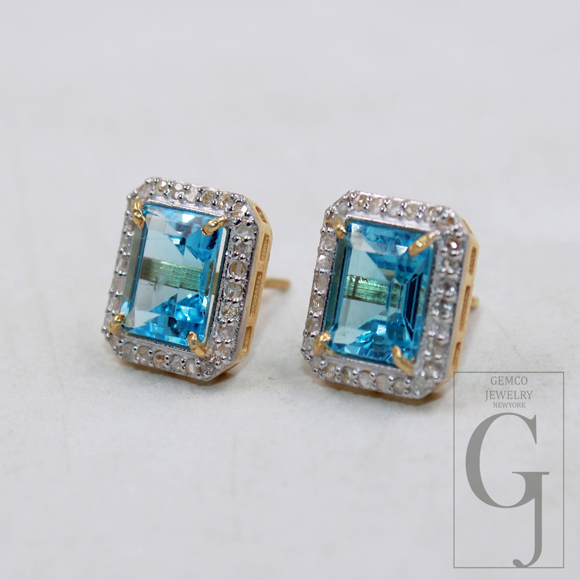 Vermeil Gold Finish Blue Topaz Studs Designer Earring Studs Rosecut Diamond 925 Sterling Silver Handmade Diamond Pave Stud Earring Jewelry