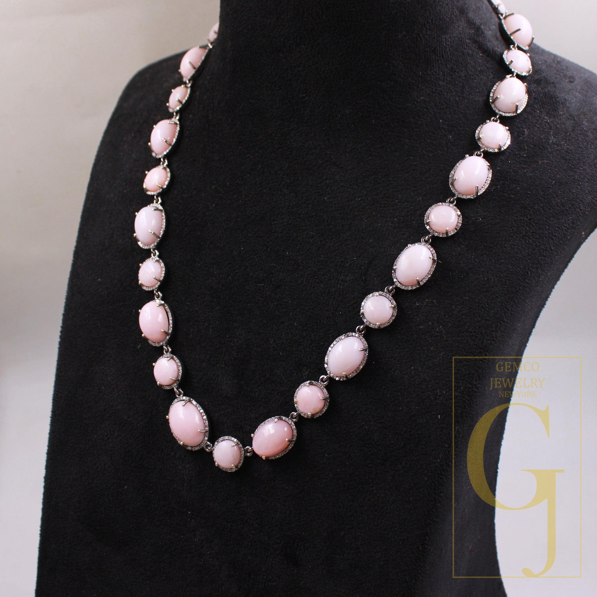 Beautiful natural pink opal diamond necklace rosecut pave diamond jewelry sterling 925 silver handmade jewelry adjustable necklace pendant