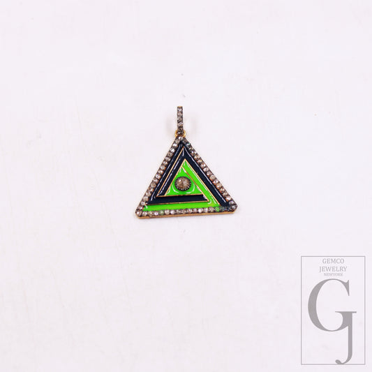 Beautiful enamel triangle shape pendant Rosecut pave diamond pendant 925 sterling silver handmade finish diamond charms necklace pendant