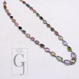 Natural multi tourmaline diamond necklace rosecut pave diamond jewelry sterling 925 silver handmade jewelry adjustable necklace pendant