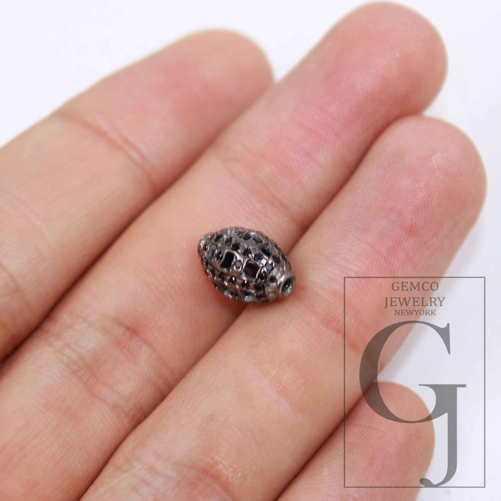 1pc oval Pave black diamond beads 925 sterling silver handmade black pave diamond egg design bead / spacers 10mm jewelry making supplies