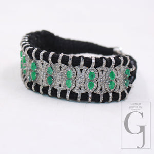 Green Emerald Design Thread Bracelet Rosecut Pave Diamond Thread Bangle Bracelet 925 Sterling Silver Handmade Finish Bangle Macrame Bracelet