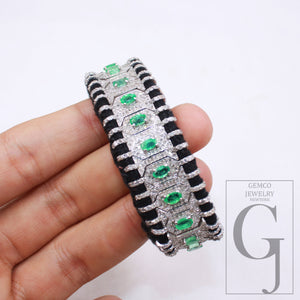 Green emerald design thread bracelet Rosecut pave diamond thread bangle bracelet 925 sterling silver handmade finish bangle macrame bracelet