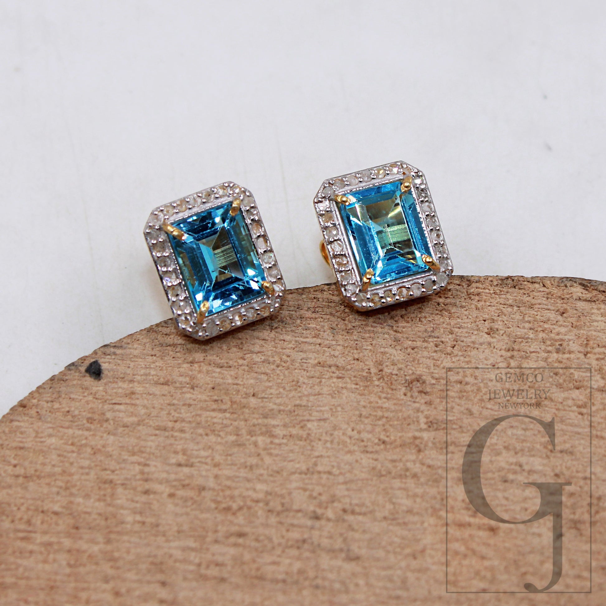 Vermeil Gold Finish Blue Topaz Studs Designer Earring Studs Rosecut Diamond 925 Sterling Silver Handmade Diamond Pave Stud Earring Jewelry