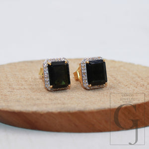 Vermeil Gold Finish Green Tourmaline Studs Designer Earring Studs Rosecut Diamond Sterling Silver Handmade Diamond Pave Stud Earring Jewelry