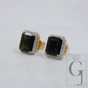 Vermeil Gold Finish Green Tourmaline Studs Designer Earring Studs Rosecut Diamond Sterling Silver Handmade Diamond Pave Stud Earring Jewelry