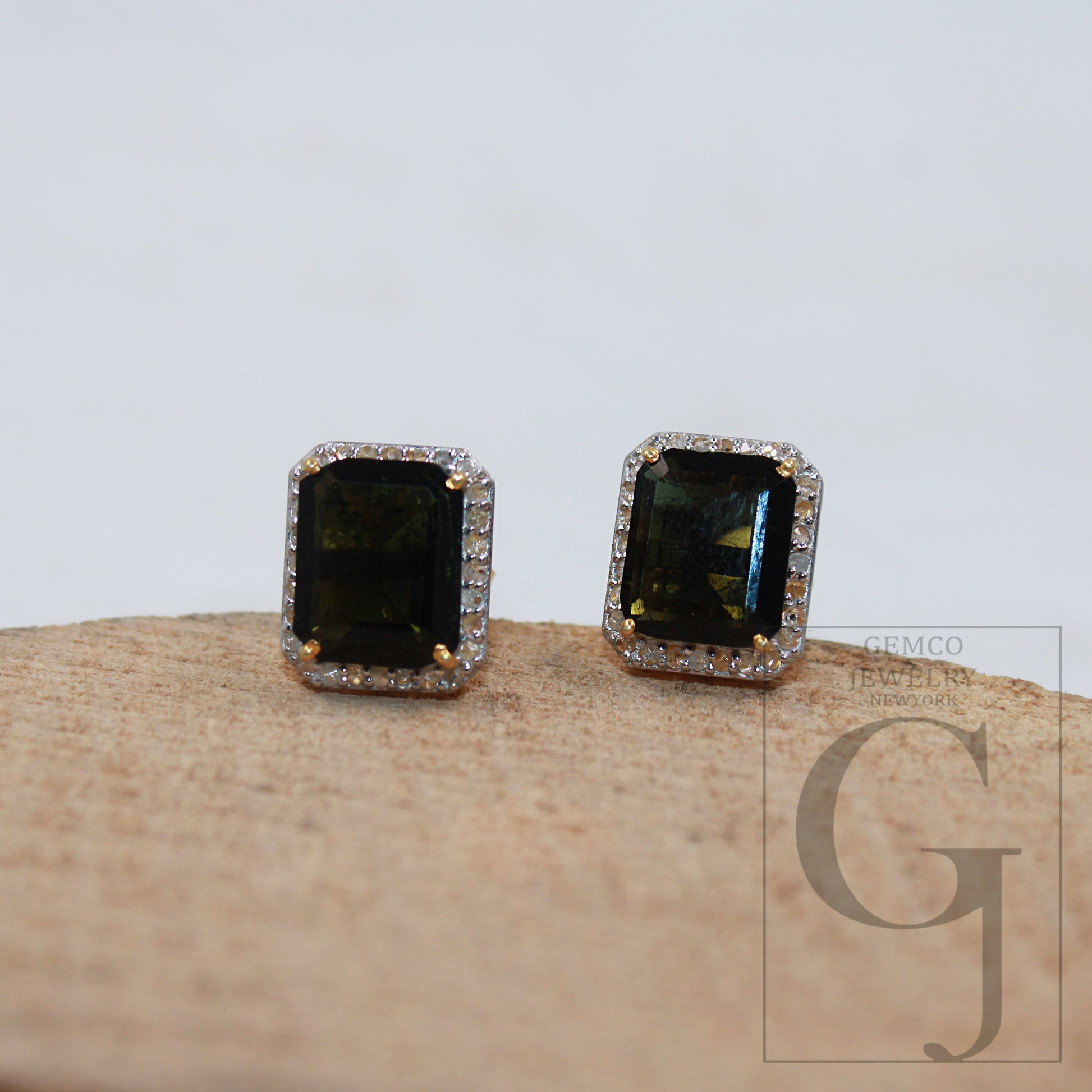 Vermeil Gold Finish Green Tourmaline Studs Designer Earring Studs Rosecut Diamond Sterling Silver Handmade Diamond Pave Stud Earring Jewelry