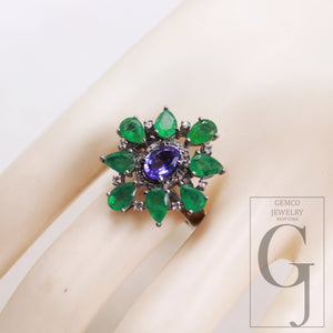 1pc Oxidized Finish Tanzanite Emerald Ring Designer Rosecut Pave Diamond Rings 925 Sterling Silver Handmade Finish Diamond Ring Jewelry