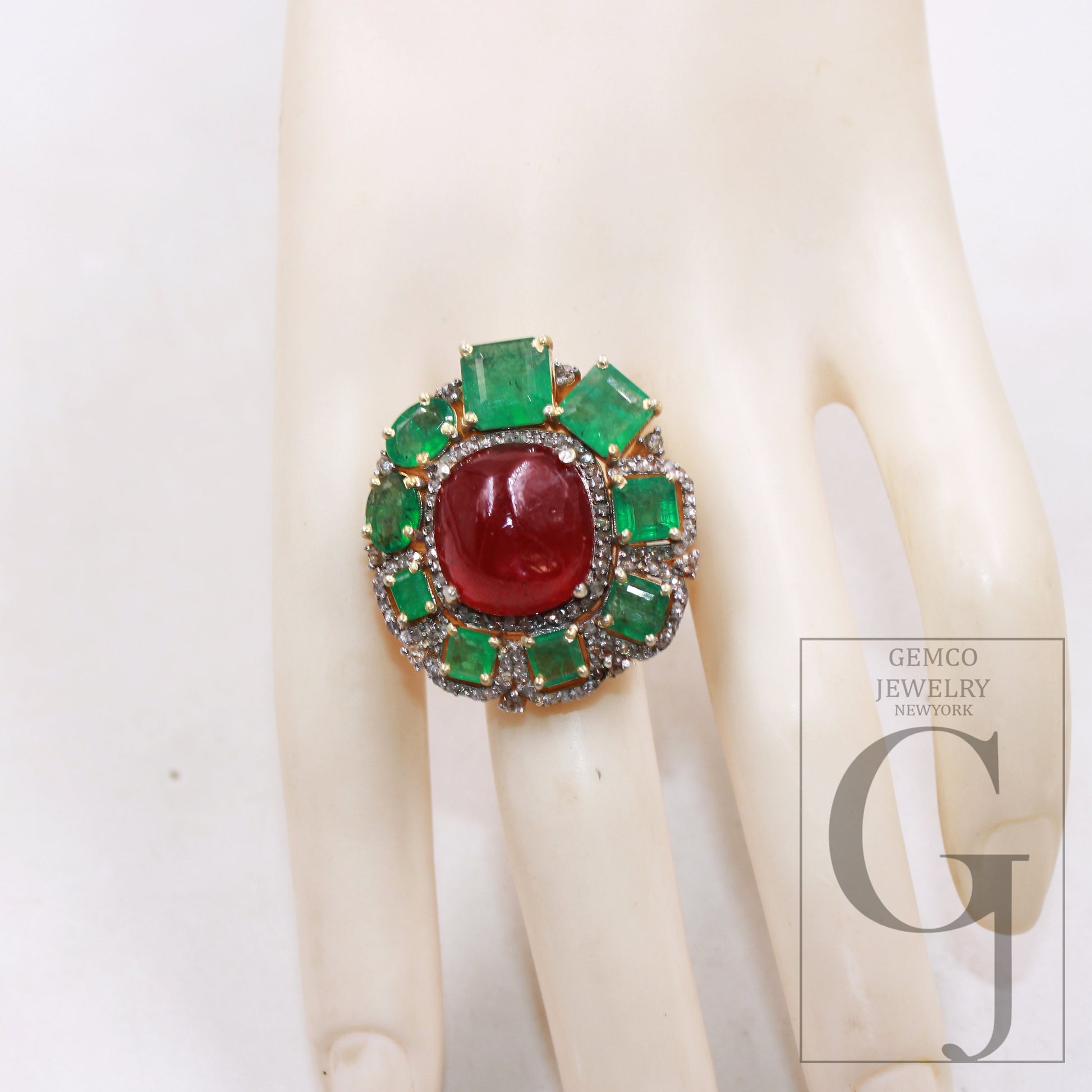 14k gold finish green emerald ruby ring designer Rosecut pave diamond rings 925 sterling silver handmade silver finish diamond ring jewelry