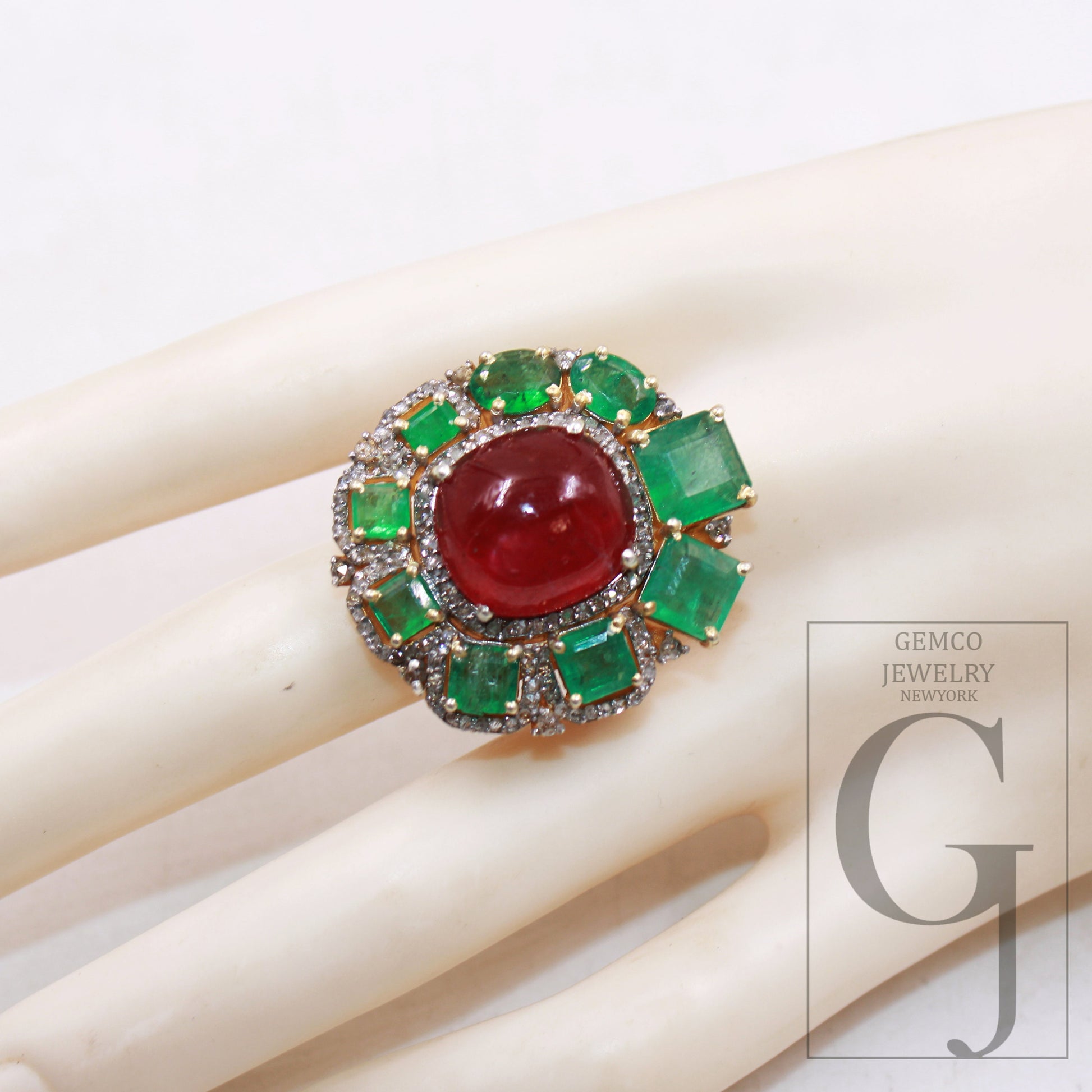 14k gold finish green emerald ruby ring designer Rosecut pave diamond rings 925 sterling silver handmade silver finish diamond ring jewelry