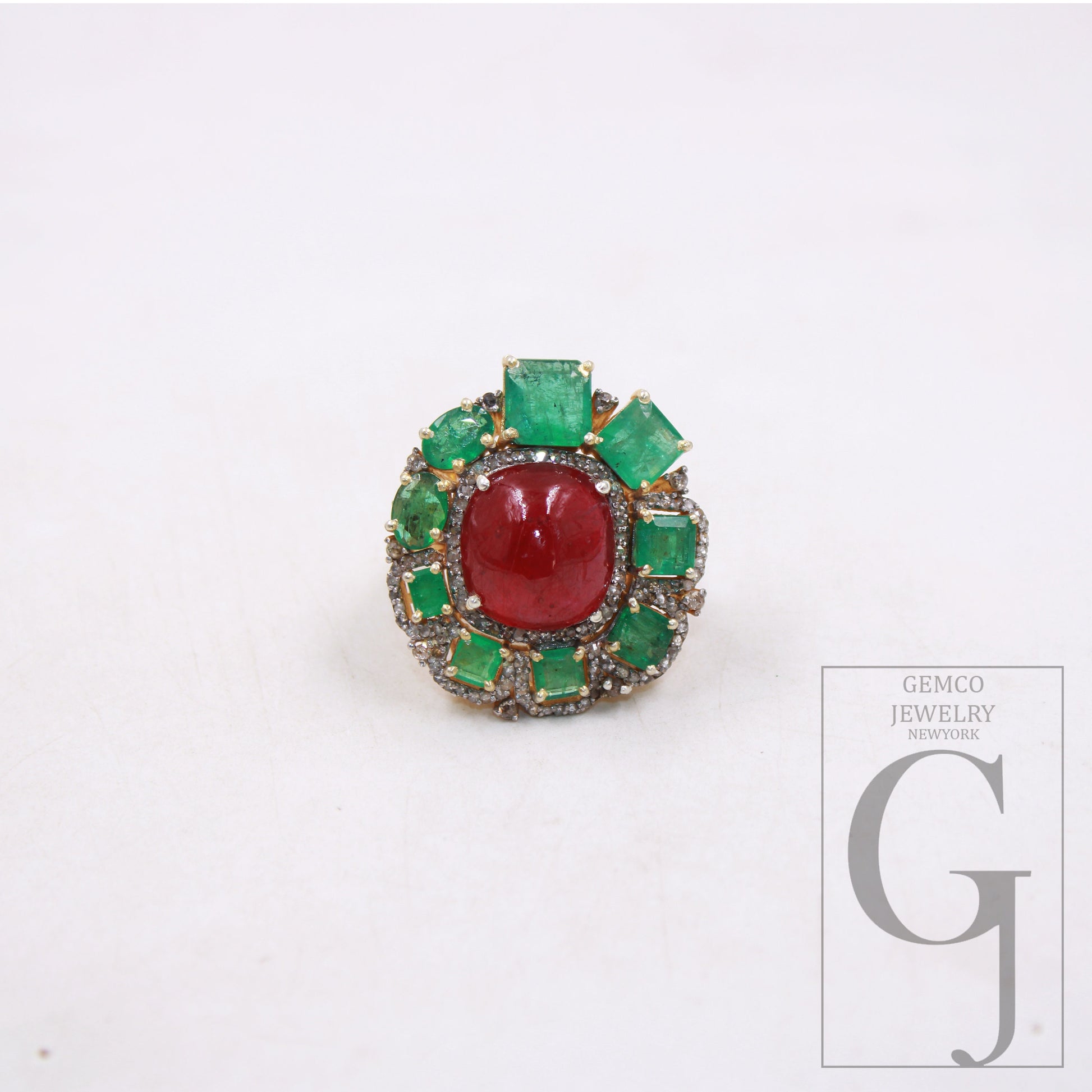 14k gold finish green emerald ruby ring designer Rosecut pave diamond rings 925 sterling silver handmade silver finish diamond ring jewelry