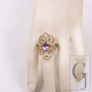 One of a kind designer emerald, tanzanite ring designer Rosecut pave diamond rings 925 sterling silver handmade silver finish diamond ring