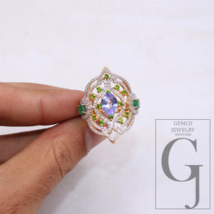 One of a kind designer emerald, tanzanite ring designer Rosecut pave diamond rings 925 sterling silver handmade silver finish diamond ring