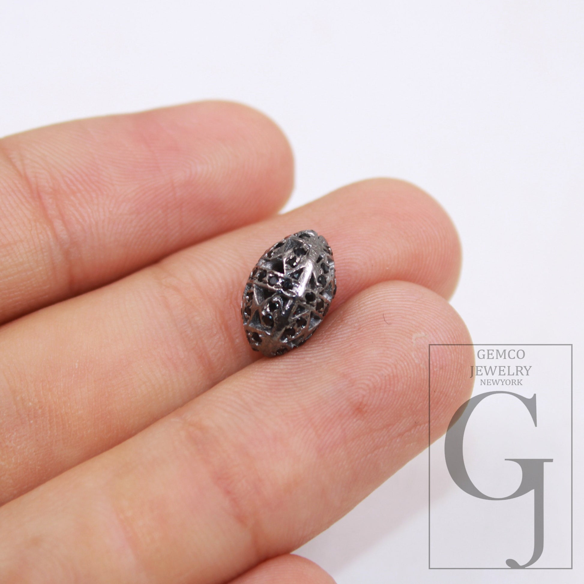 1pc Oval Pave Black Diamond Beads 925 Sterling Silver Handmade Black Pave Diamond Egg Design Bead / Spacers 10mm Jewelry Making Supplies