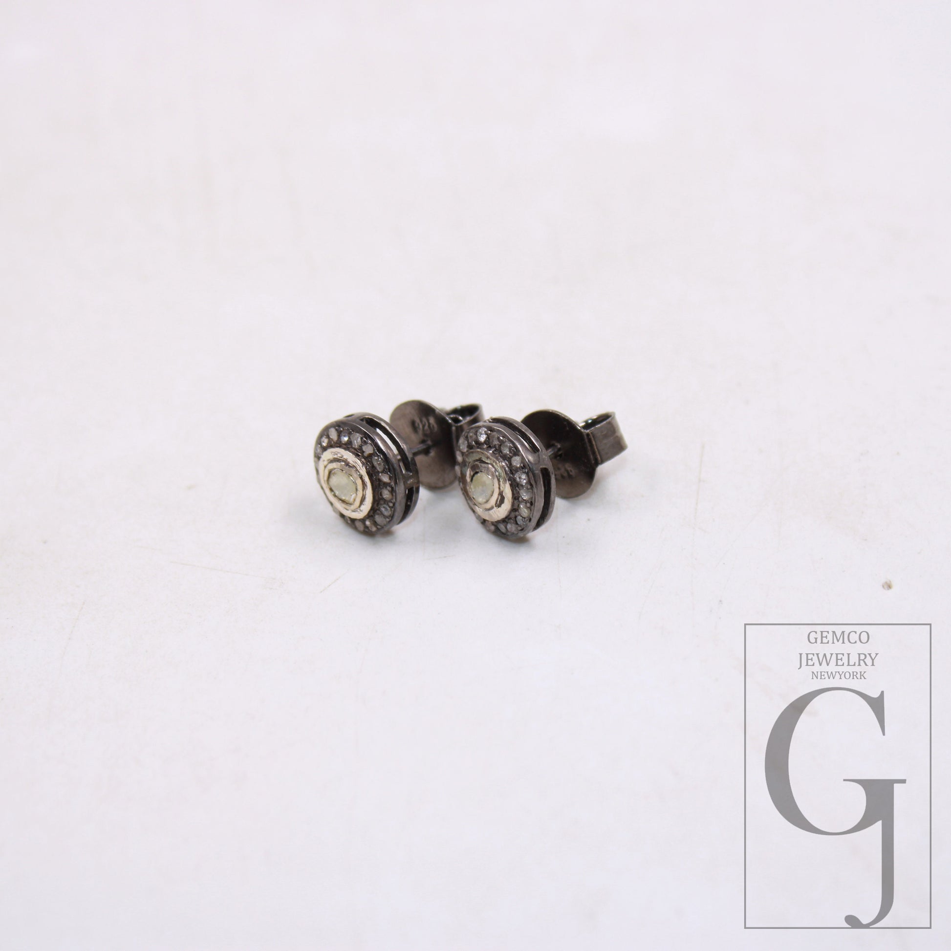 1 pair oxidized Pave rosecut diamond 925 sterling silver handmade Pave Diamond stud earrings