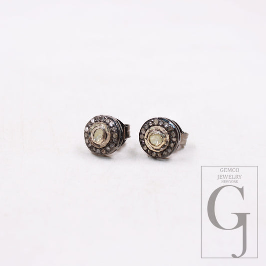 1 Pair Oxidized Pave Rosecut Diamond 925 Sterling Silver Handmade Pave Diamond Stud Earrings