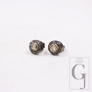 1 Pair Oxidized Pave Rosecut Diamond 925 Sterling Silver Handmade Pave Diamond Stud Earrings