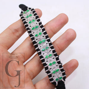 Green Emerald Design Thread Bracelet Rosecut Pave Diamond Thread Bangle Bracelet 925 Sterling Silver Handmade Finish Bangle Macrame Bracelet