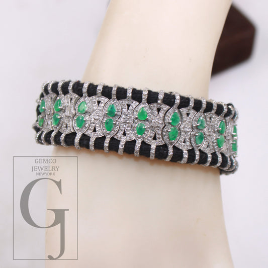 Green Emerald Design Thread Bracelet Rosecut Pave Diamond Thread Bangle Bracelet 925 Sterling Silver Handmade Finish Bangle Macrame Bracelet