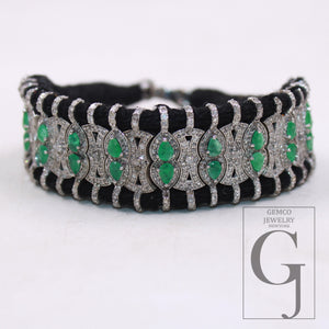 Green Emerald Design Thread Bracelet Rosecut Pave Diamond Thread Bangle Bracelet 925 Sterling Silver Handmade Finish Bangle Macrame Bracelet