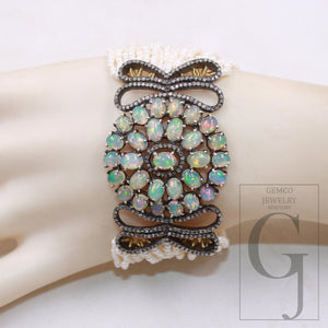 Beautiful designer Rosecut pave diamond bracelet 925 sterling silver handmade finish opal and pearl diamond bracelet jewelry