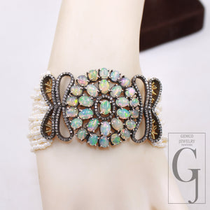 Beautiful designer Rosecut pave diamond bracelet 925 sterling silver handmade finish opal and pearl diamond bracelet jewelry