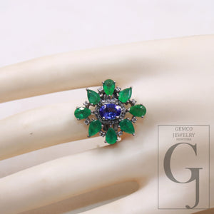 1pc Oxidized Finish Tanzanite Emerald Ring Designer Rosecut Pave Diamond Rings 925 Sterling Silver Handmade Finish Diamond Ring Jewelry