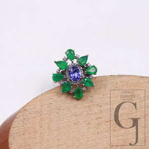 1pc Oxidized Finish Tanzanite Emerald Ring Designer Rosecut Pave Diamond Rings 925 Sterling Silver Handmade Finish Diamond Ring Jewelry