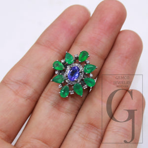 1pc Oxidized Finish Tanzanite Emerald Ring Designer Rosecut Pave Diamond Rings 925 Sterling Silver Handmade Finish Diamond Ring Jewelry