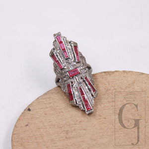 Beautiful Red ruby ring designer Rosecut pave diamond rings 925 sterling silver handmade silver finish ruby diamond statement ring jewelry