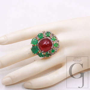 14k gold finish green emerald ruby ring designer Rosecut pave diamond rings 925 sterling silver handmade silver finish diamond ring jewelry