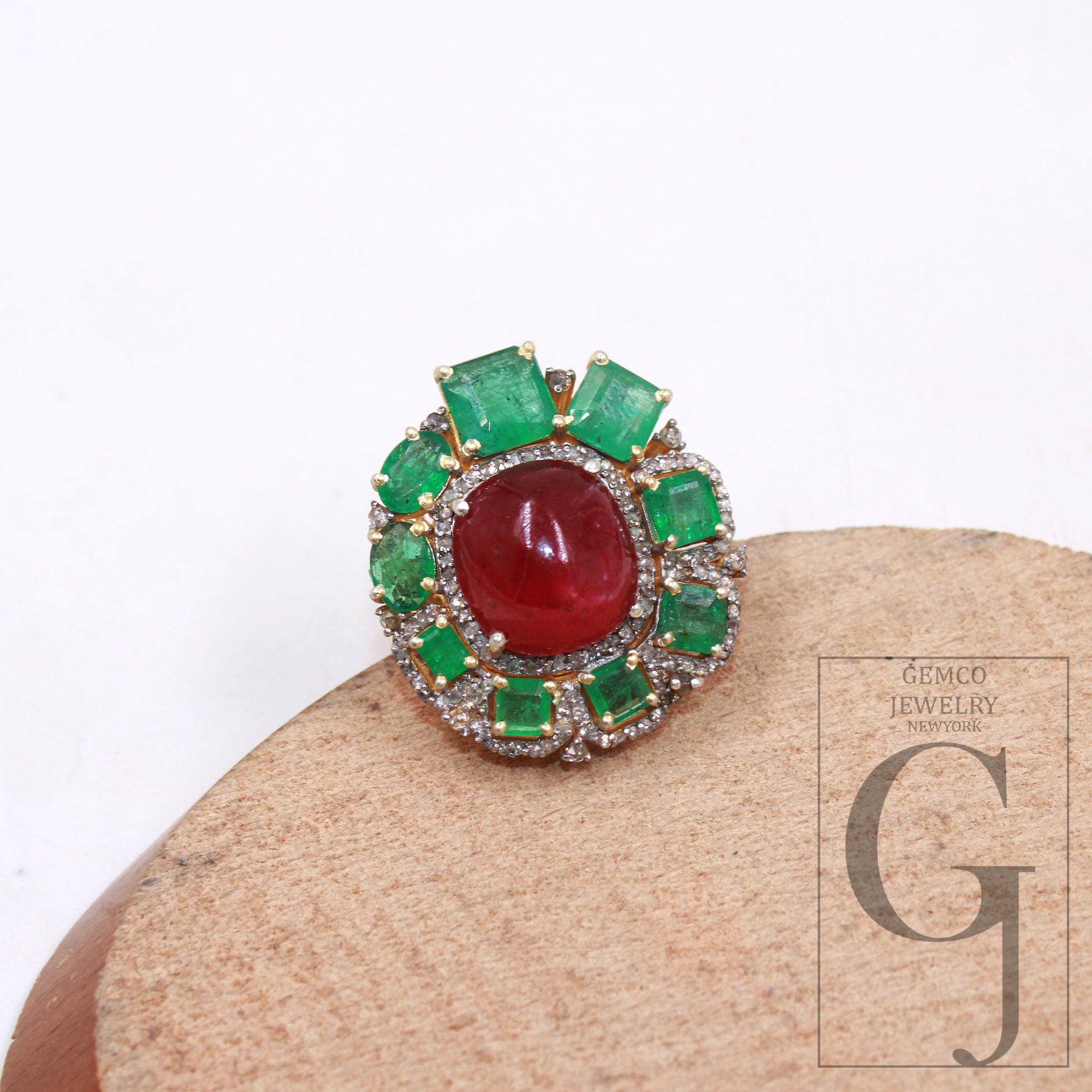 14k gold finish green emerald ruby ring designer Rosecut pave diamond rings 925 sterling silver handmade silver finish diamond ring jewelry