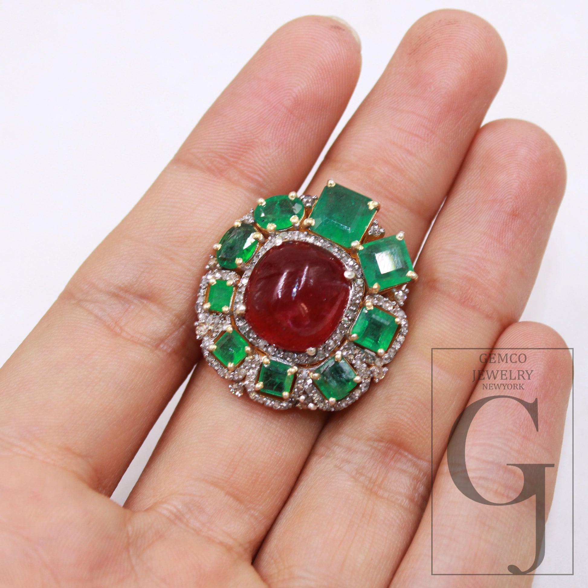 14k gold finish green emerald ruby ring designer Rosecut pave diamond rings 925 sterling silver handmade silver finish diamond ring jewelry