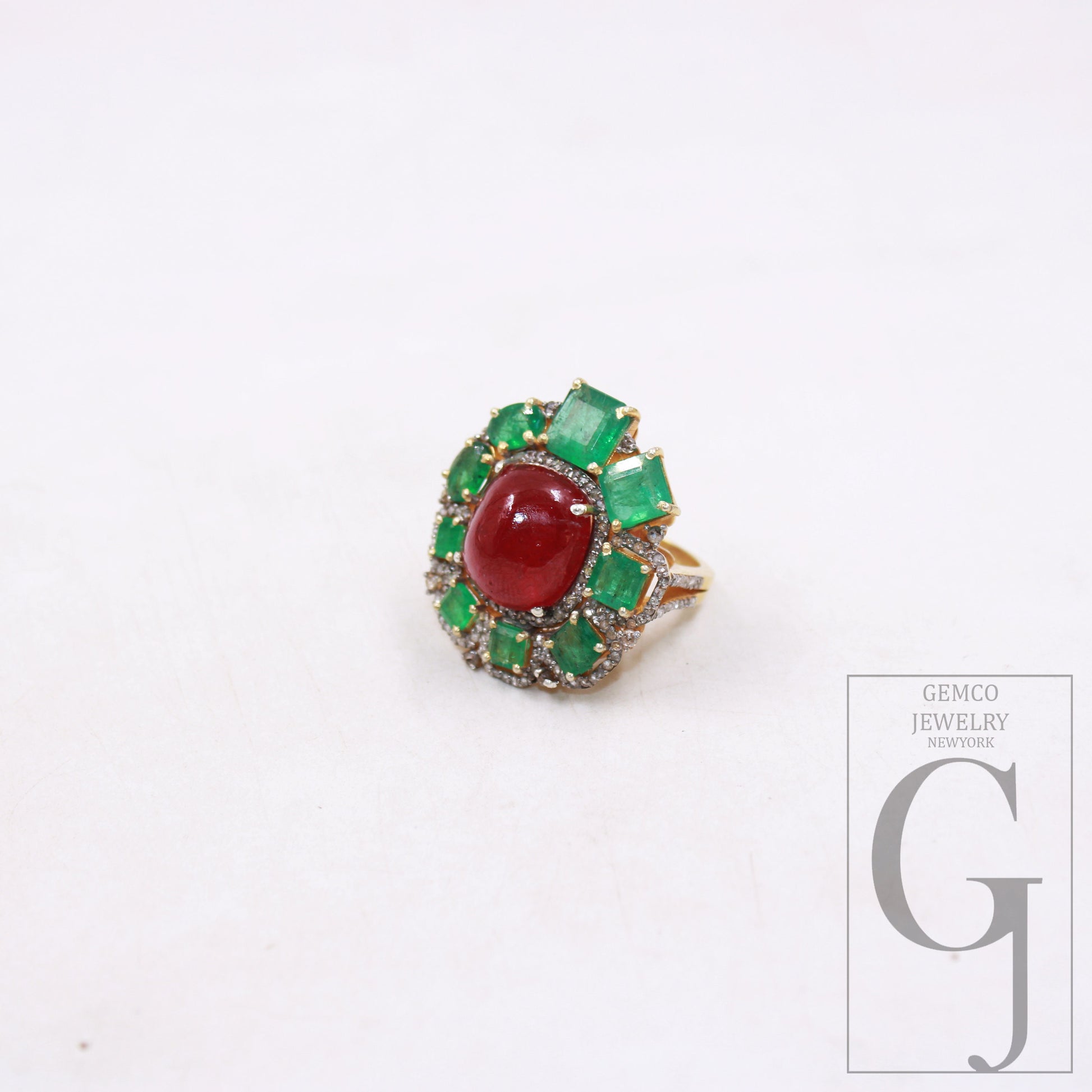 14k gold finish green emerald ruby ring designer Rosecut pave diamond rings 925 sterling silver handmade silver finish diamond ring jewelry