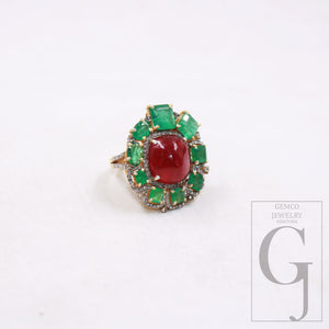 14k gold finish green emerald ruby ring designer Rosecut pave diamond rings 925 sterling silver handmade silver finish diamond ring jewelry