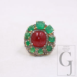 14k gold finish green emerald ruby ring designer Rosecut pave diamond rings 925 sterling silver handmade silver finish diamond ring jewelry