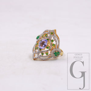 One-of-a-kind designer emerald, tanzanite ring designer Rosecut pave diamond rings 925 sterling silver handmade silver finish diamond ring