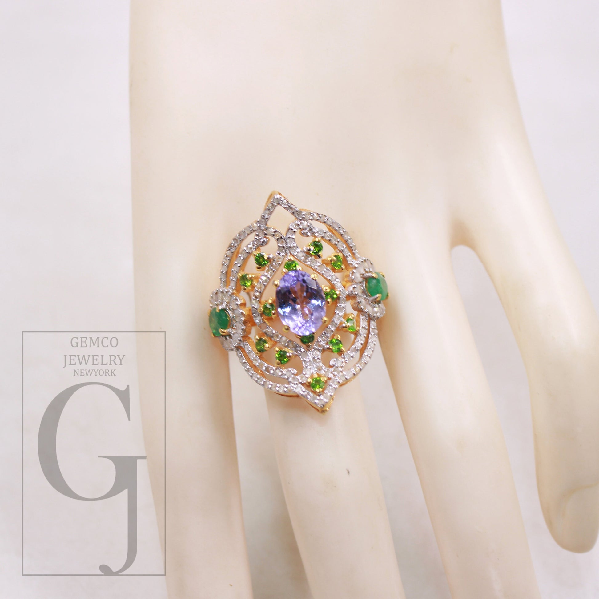 One of a kind designer emerald, tanzanite ring designer Rosecut pave diamond rings 925 sterling silver handmade silver finish diamond ring