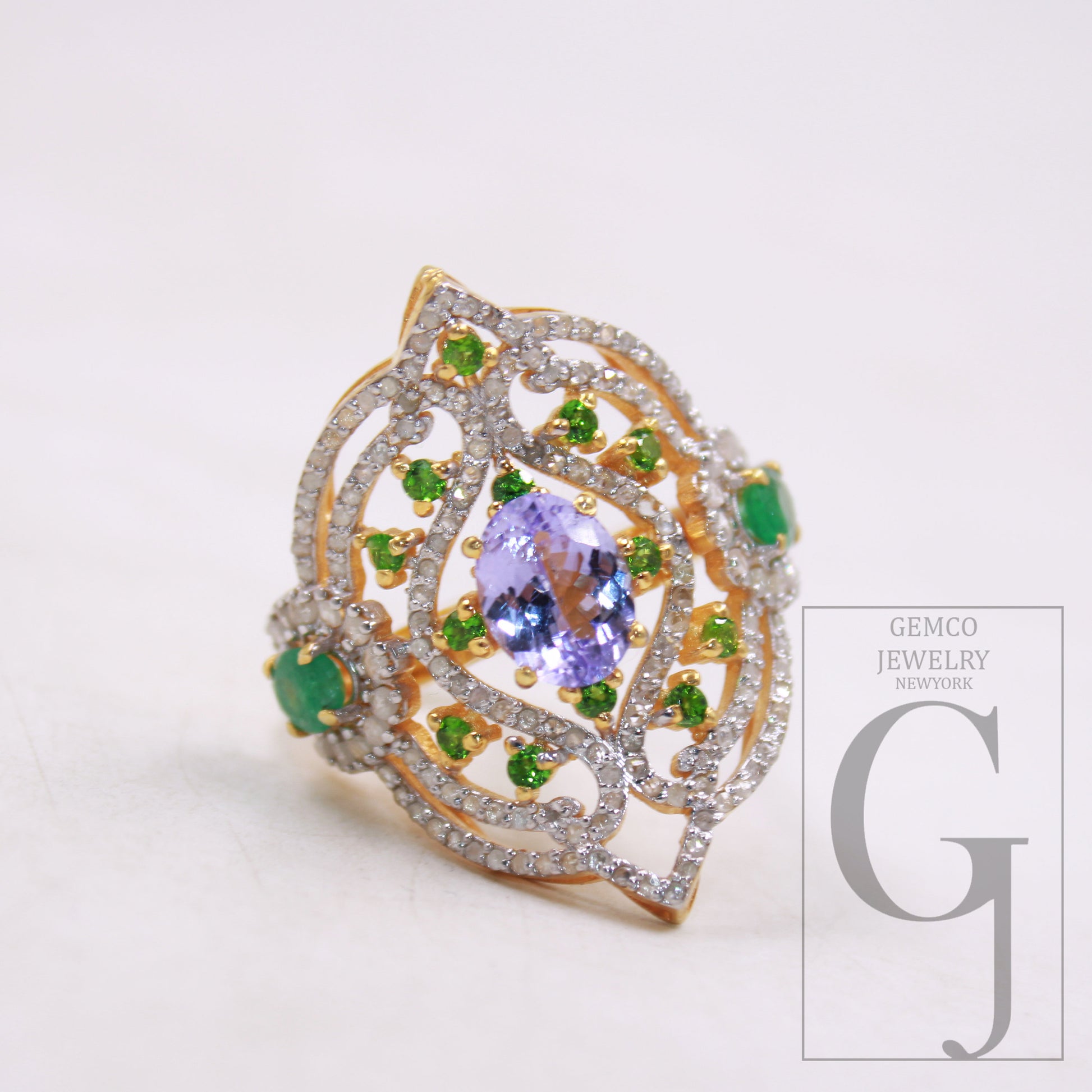 One of a kind designer emerald, tanzanite ring designer Rosecut pave diamond rings 925 sterling silver handmade silver finish diamond ring