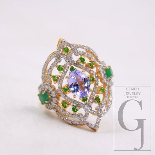 One of a kind designer emerald, tanzanite ring designer Rosecut pave diamond rings 925 sterling silver handmade silver finish diamond ring