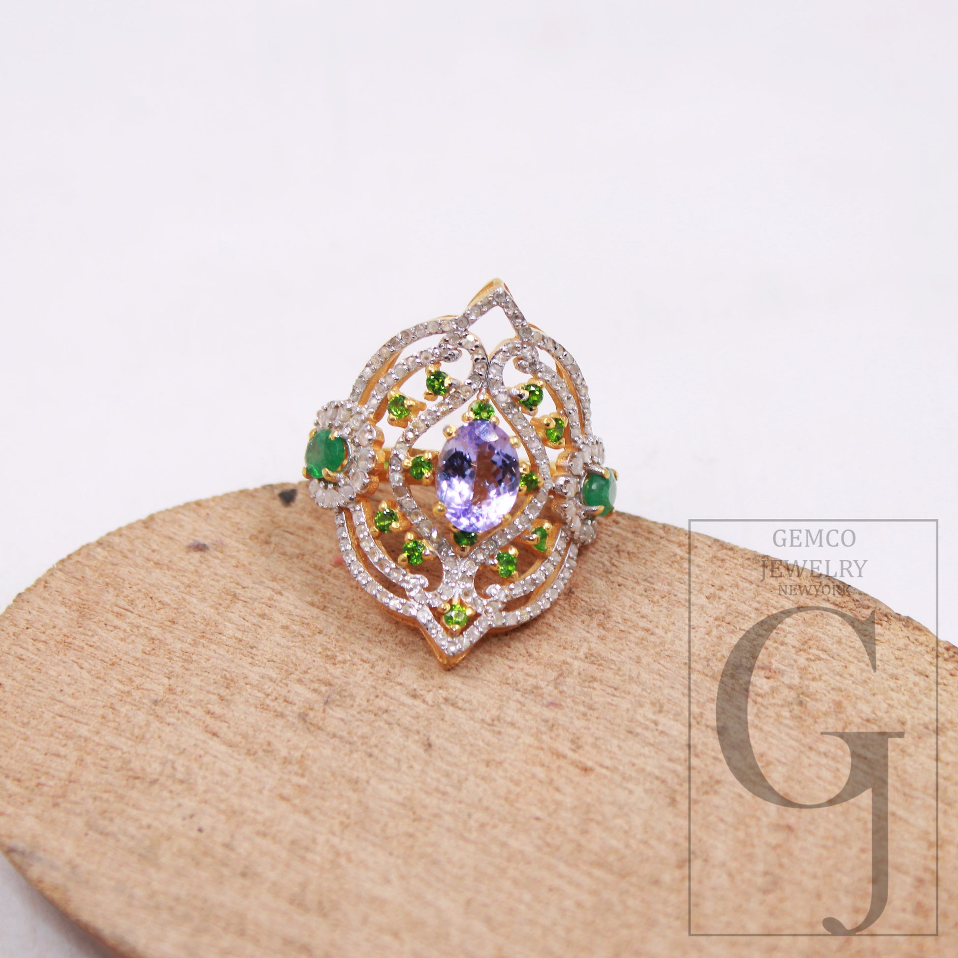 One of a kind designer emerald, tanzanite ring designer Rosecut pave diamond rings 925 sterling silver handmade silver finish diamond ring