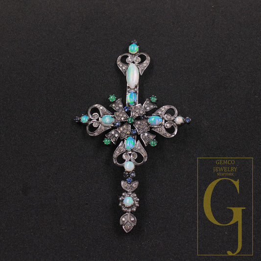 Antique look fire Opal pendant Rosecut pave diamond pendant silver handmade finish diamond  blue sapphire emerald necklace pendant jewelry