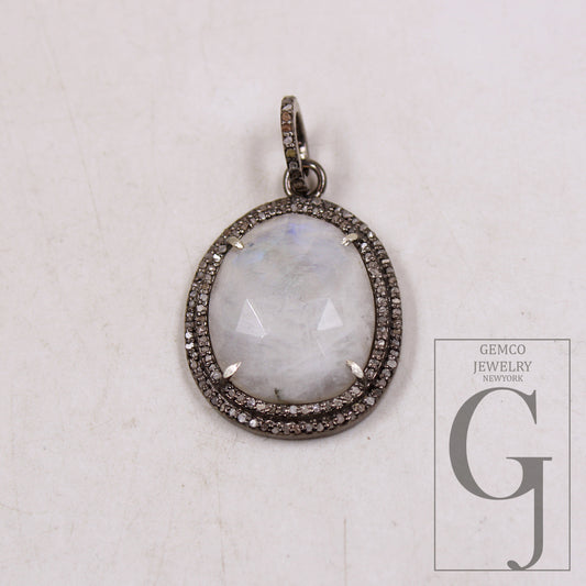 Oxidized Rainbow moonstone pendant Rosecut pave diamond pendant 925 sterling silver handmade finish diamond charms necklace pendant jewelry